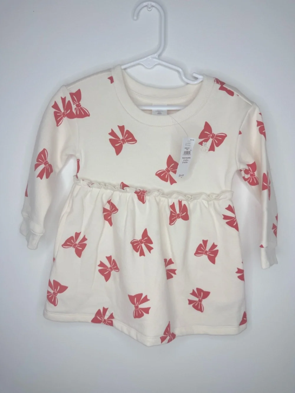 NWT  Baby Gap Cream Long Sleeve Dress with Red Printed Bows - 18-24 months